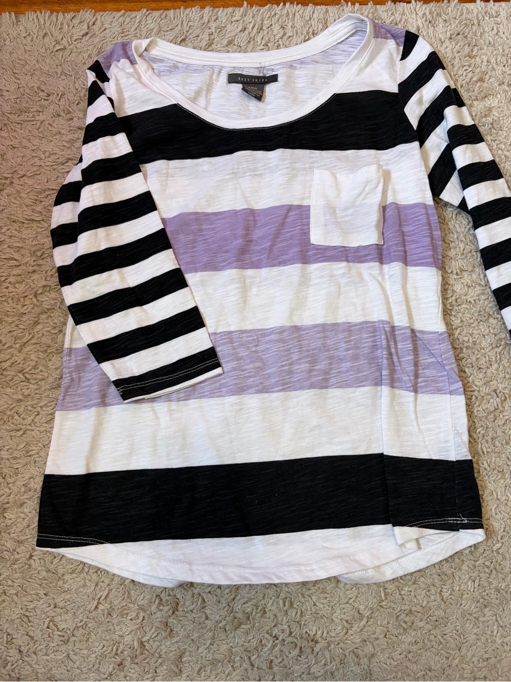 Suzy Shier Black, White & Lavender Striped Scoop Neck Top